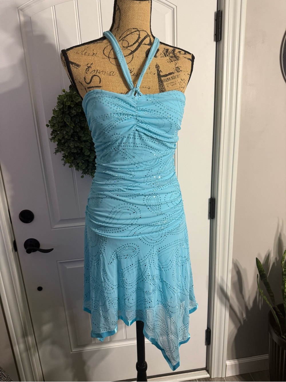 Taboo Aqua Halter Asymmetrical Ruched Dress